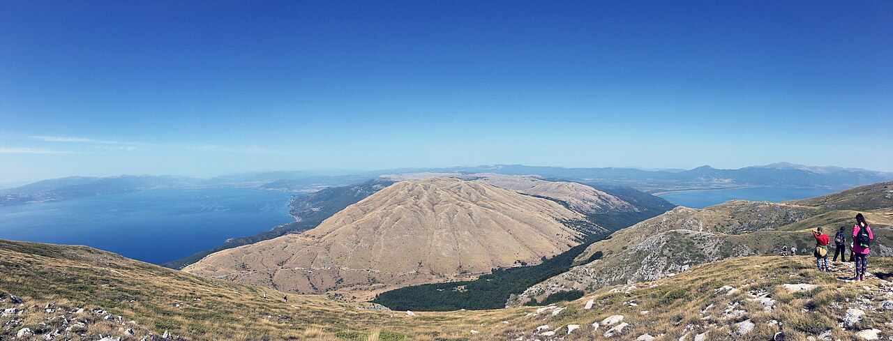 Hikers on the Galicica ridge with Lake Ohrid and Lake Prespa in view